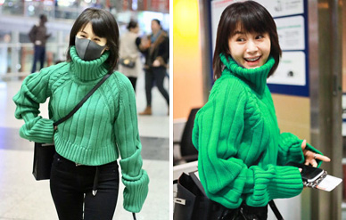 绿毛衣搭黑仔裤现身机场满屏都是腿,王子文真是太敢穿了!