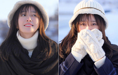 秦岚雪地写真曝光长发飘飘，双手捂脸笑意明媚温暖！